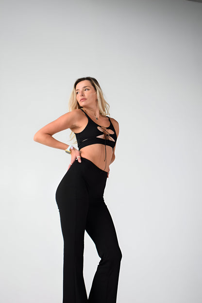 Black Ribbed High Waist Flared Dance Pants