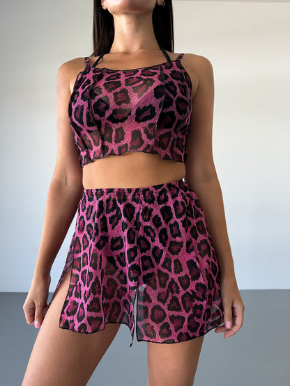 Pink Leopard Mesh Strappy Crop Top