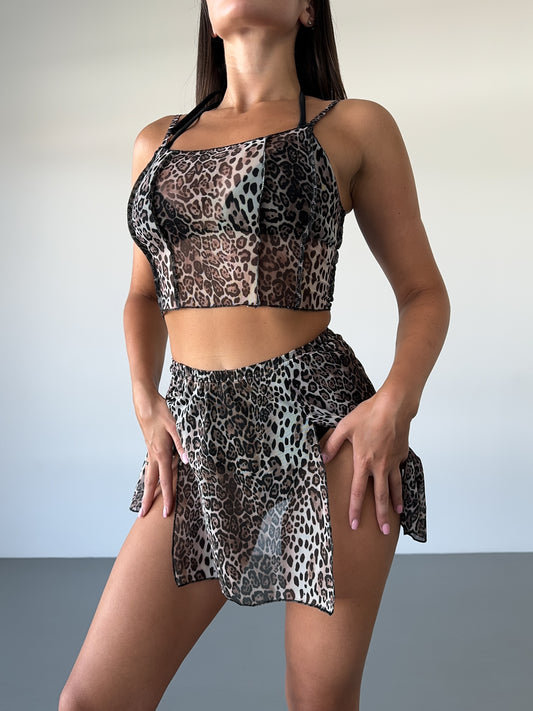 Beige Leopard Mesh Strappy Crop Top