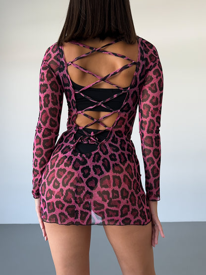 Pink Sheer Mesh Backless Mini Dress