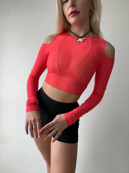 Red Off Shoulder Mesh Crop Top