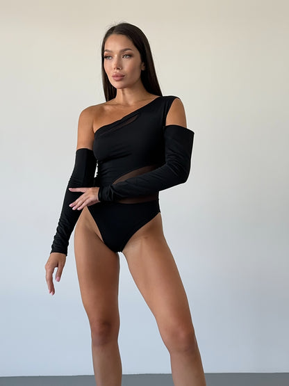 Black Matte Bodysuit with Wave Mesh Panels
