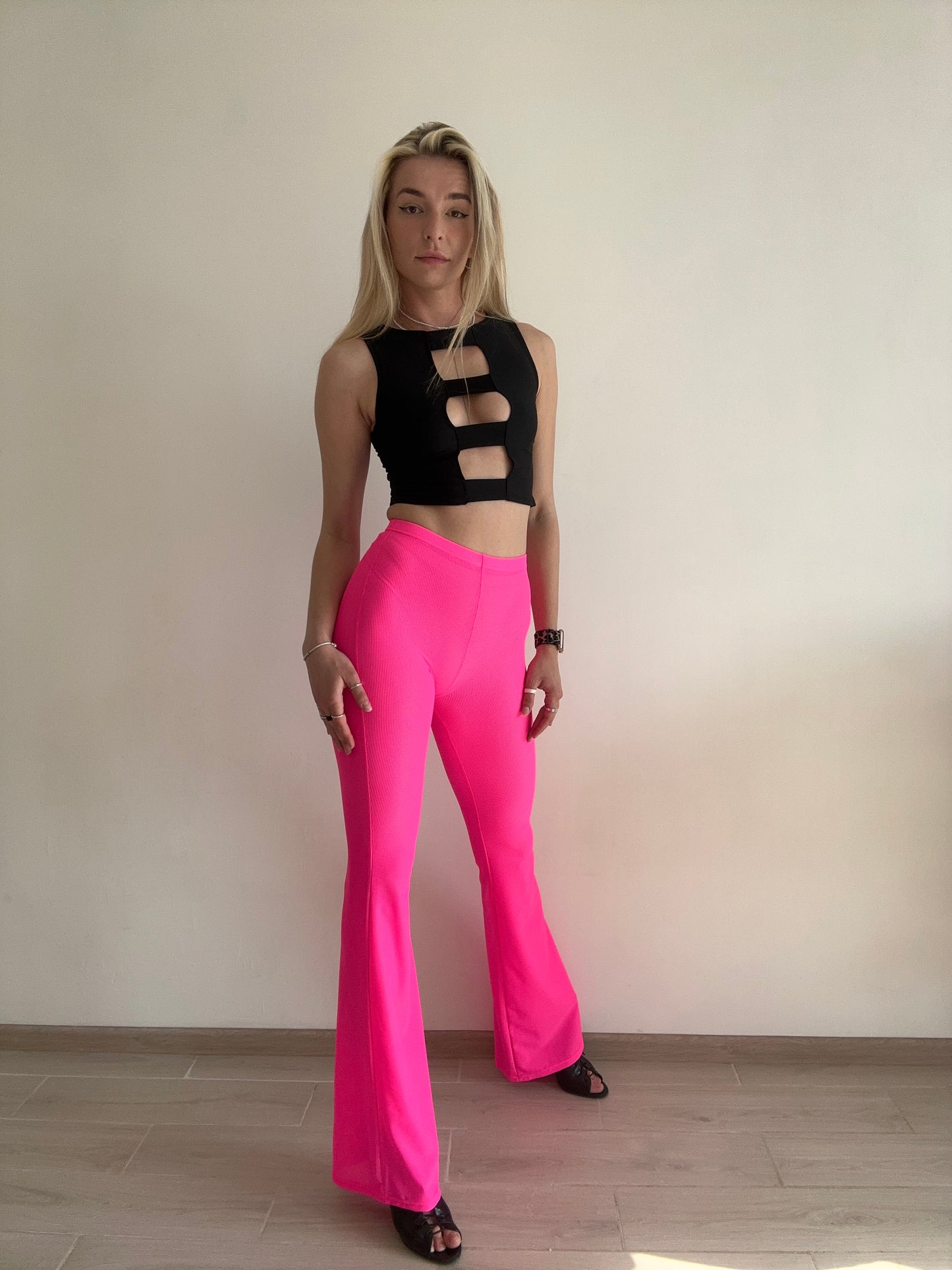 Hot Pink Neon Mesh Flared Pants