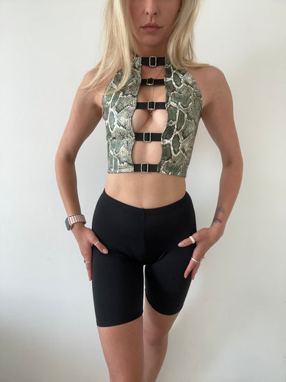 Green python eco leather crop top | decollete tank corset