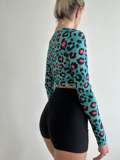 Blue Leopard Print Cut Out Crop Top
