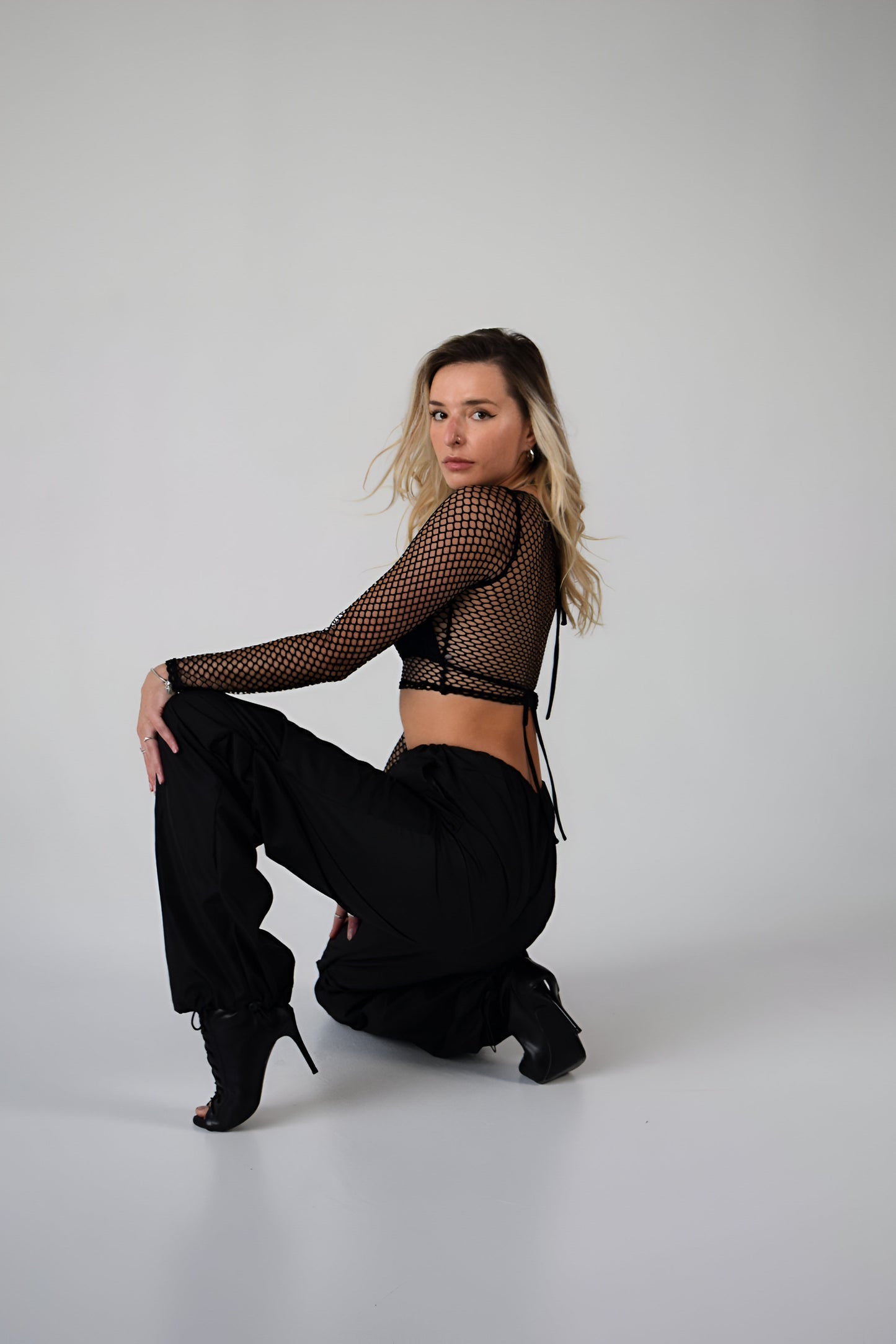 Black Mesh Crew Neck Crop Top