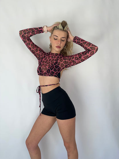 Pink Leopard Mesh Open Back Crop Top