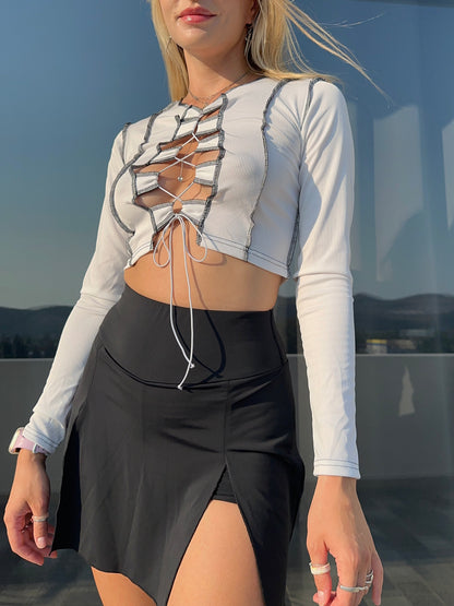 White Knit Crop Top with Black Seams