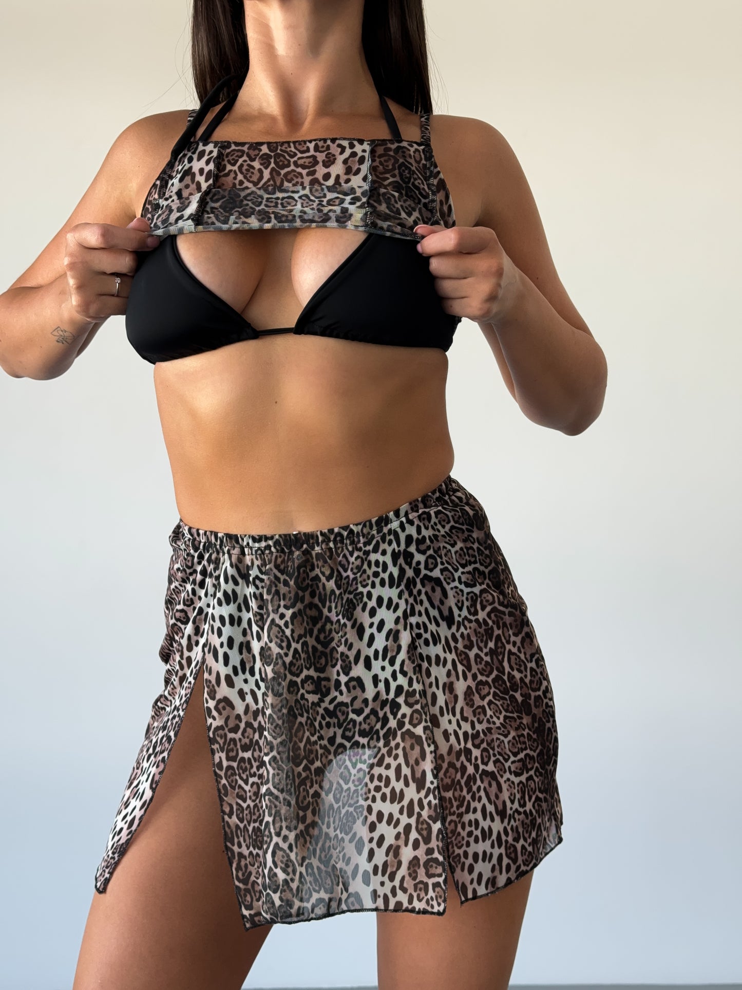 Beige Leopard Mesh Strappy Crop Top