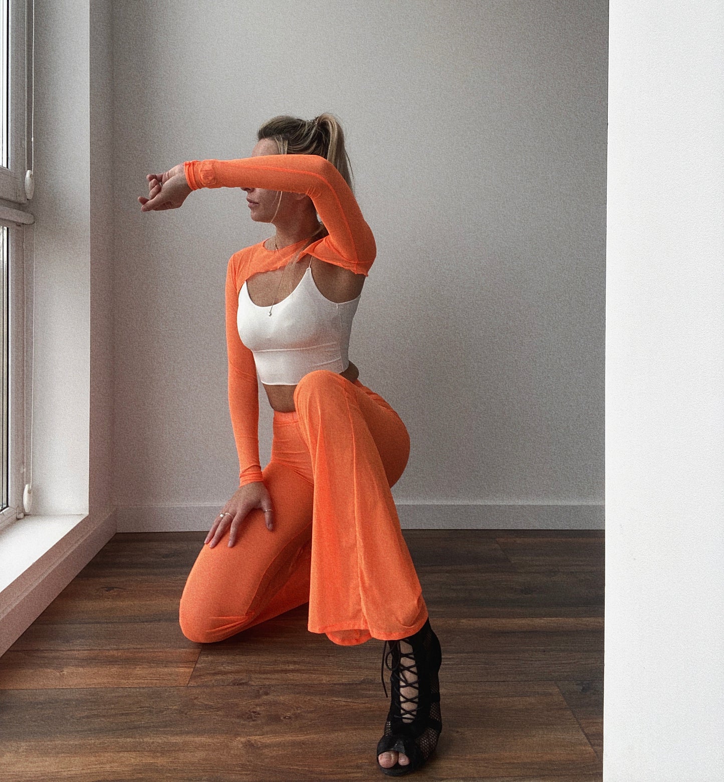 Orange Mesh Flared Pants