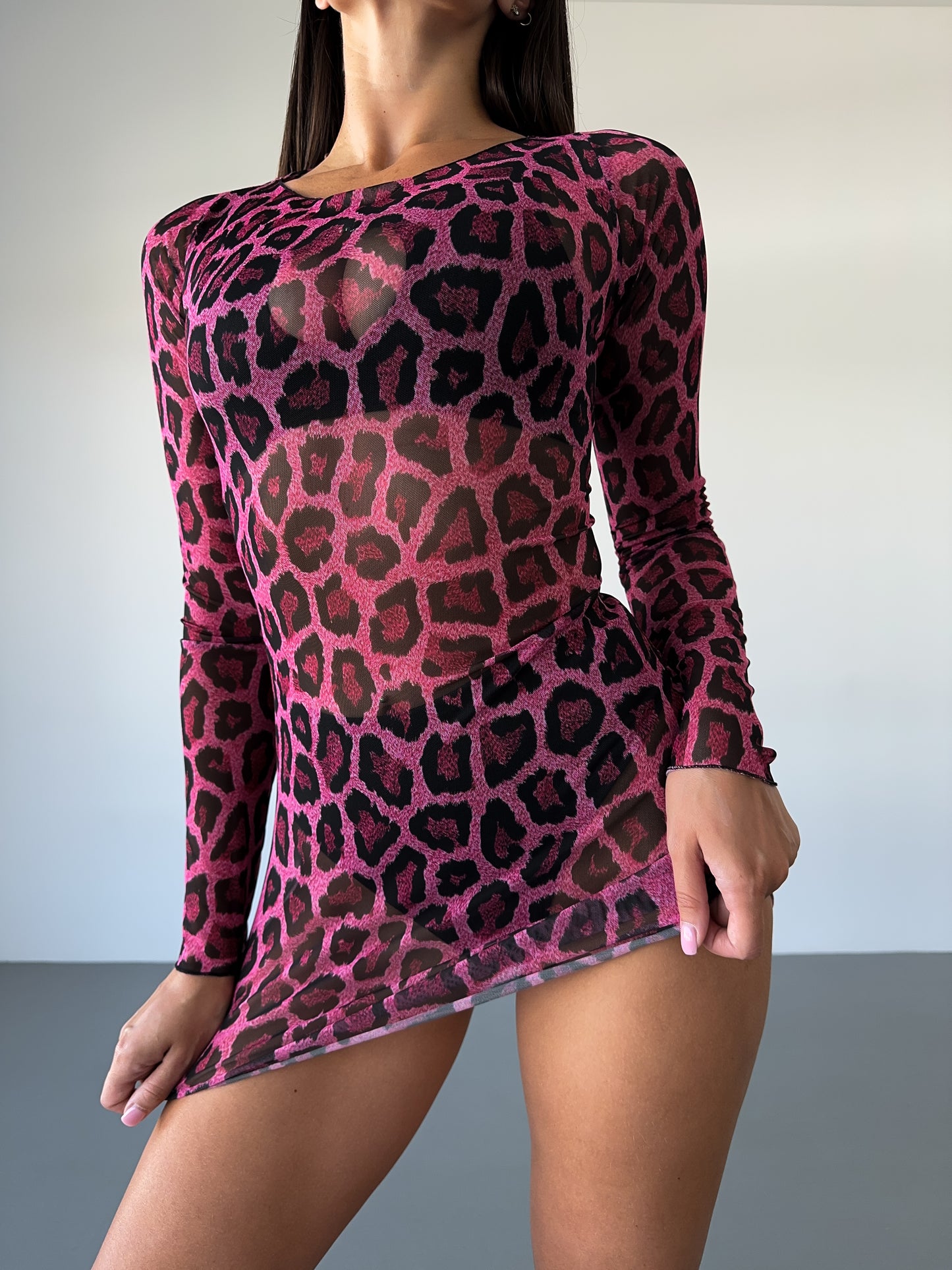 Pink Sheer Mesh Backless Mini Dress