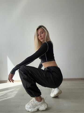 Black Ribbed Lace Up Dance Top