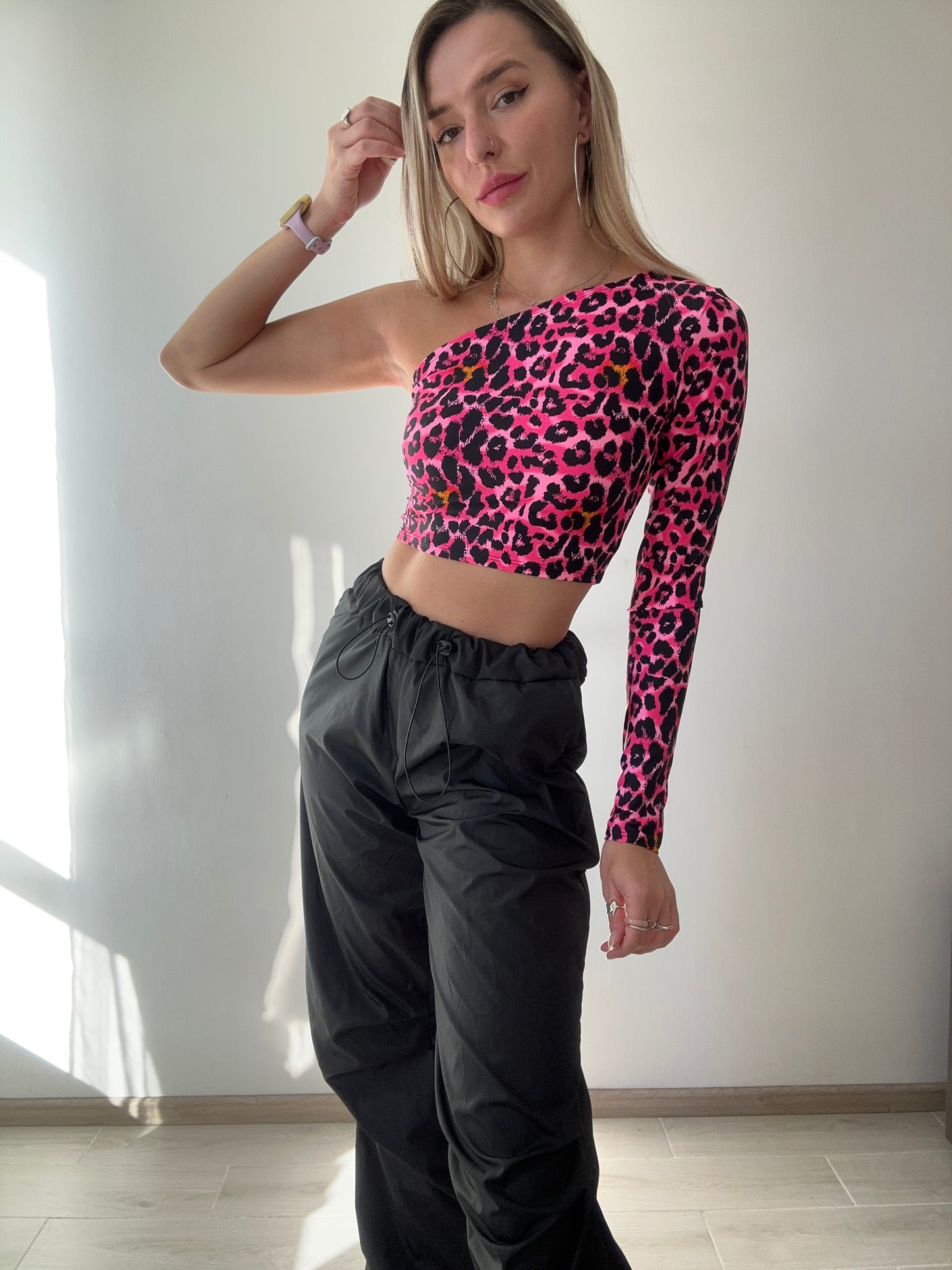 Hot Pink Leopard One Shoulder Top