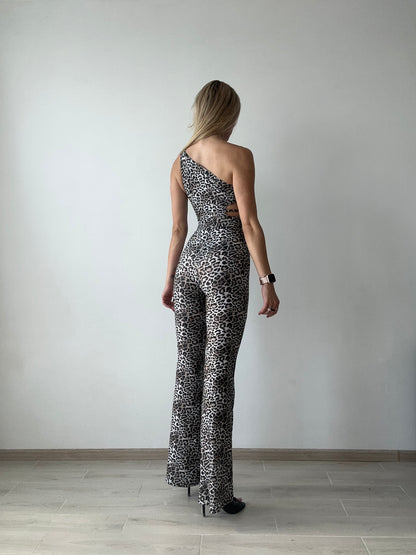 Leopard One Shoulder Backless Jumpsuit