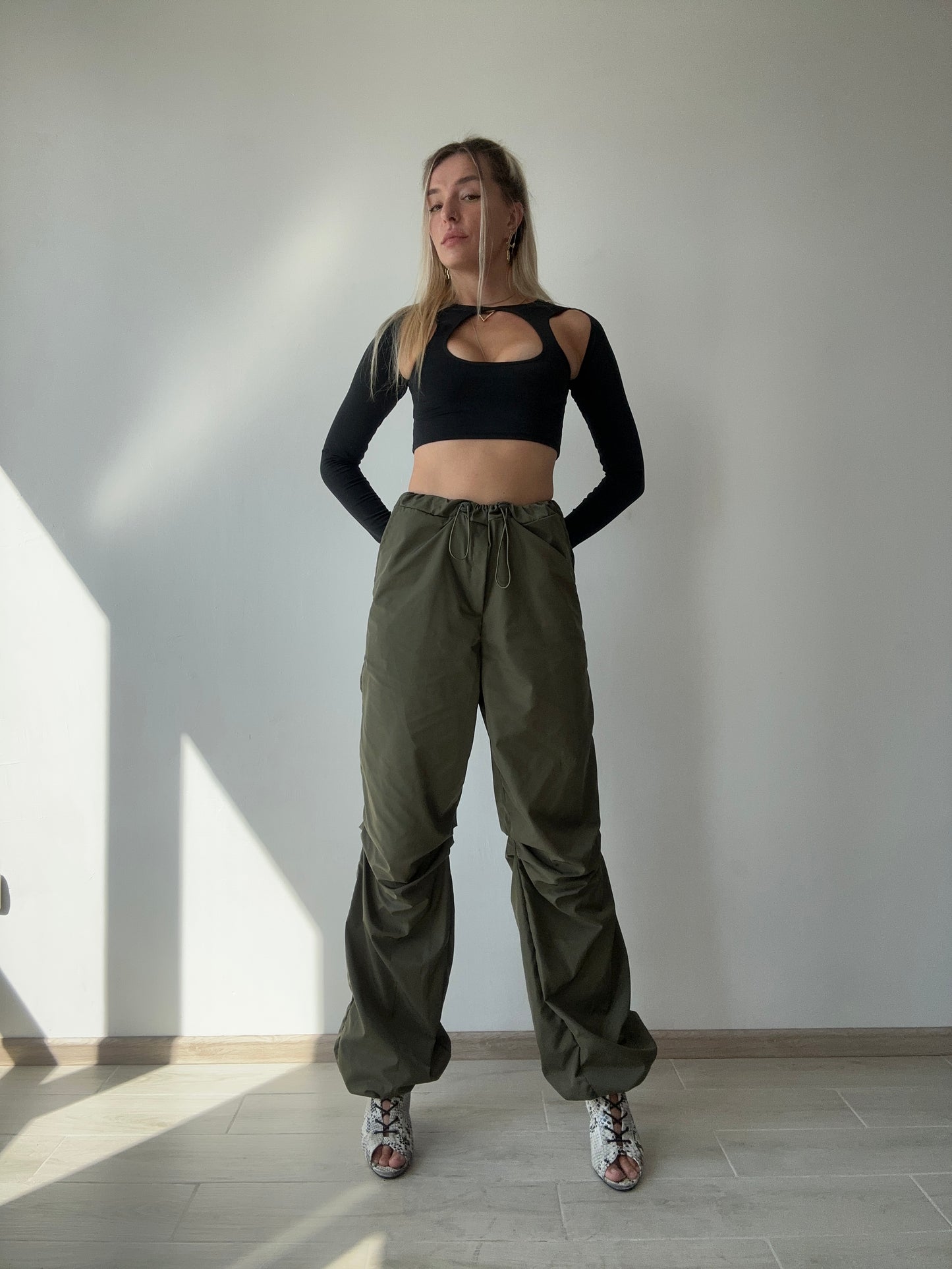 Khaki Cargo Wide Leg Pants