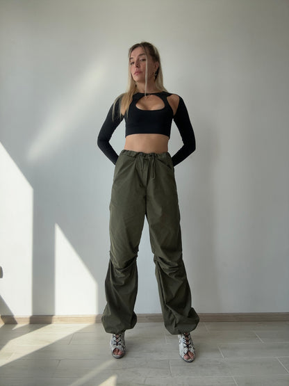 Khaki Cargo Wide Leg Pants