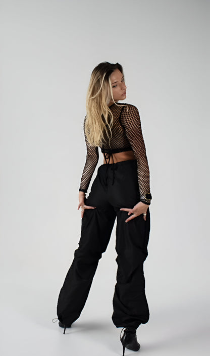 Black Mesh Crew Neck Crop Top