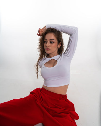White Keyhole Long Sleeve Crop Top