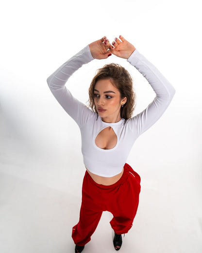 White Keyhole Long Sleeve Crop Top