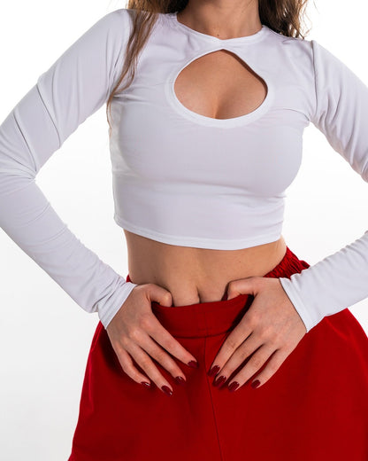 White Keyhole Long Sleeve Crop Top