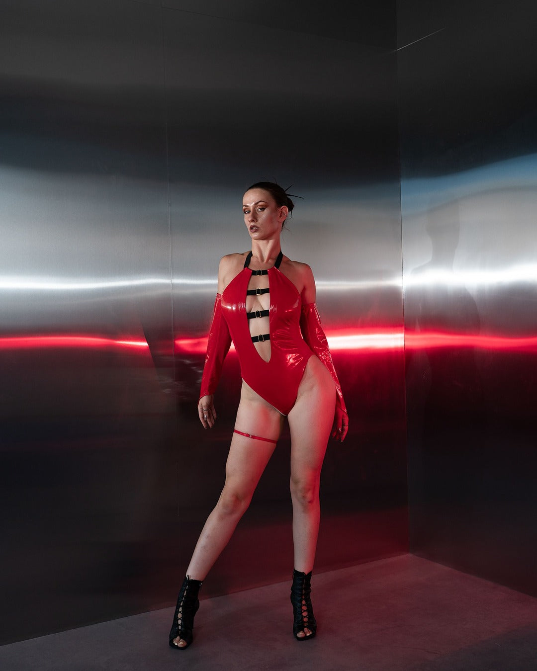 Red Latex Look Cutout Bodysuit