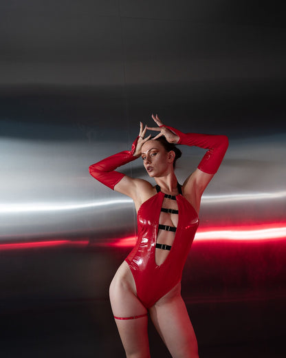 Red Latex Look Cutout Bodysuit