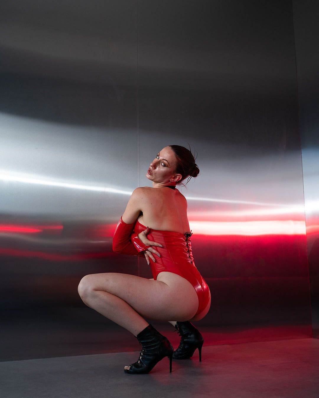 Red Latex Look Cutout Bodysuit