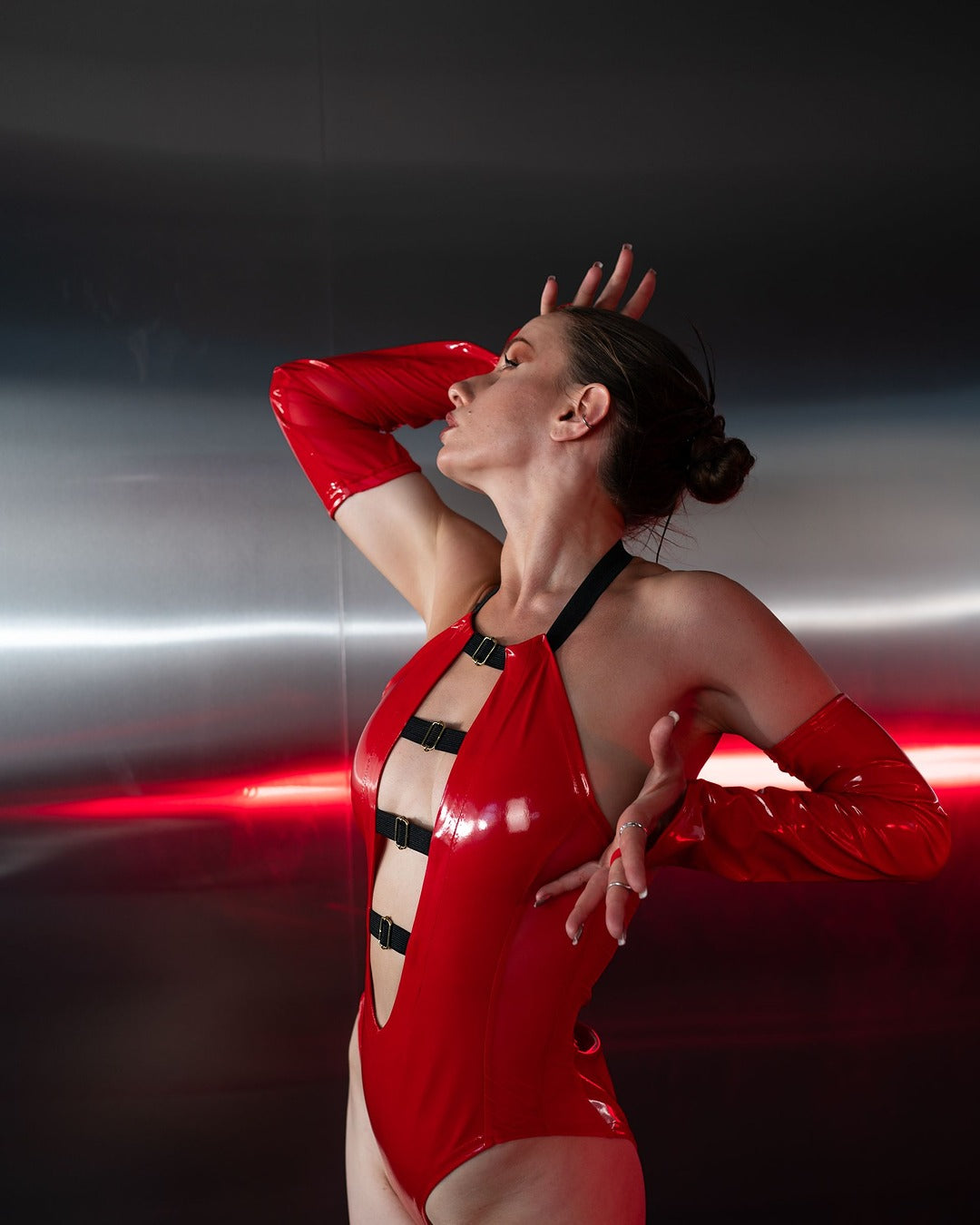 Red Latex Look Cutout Bodysuit