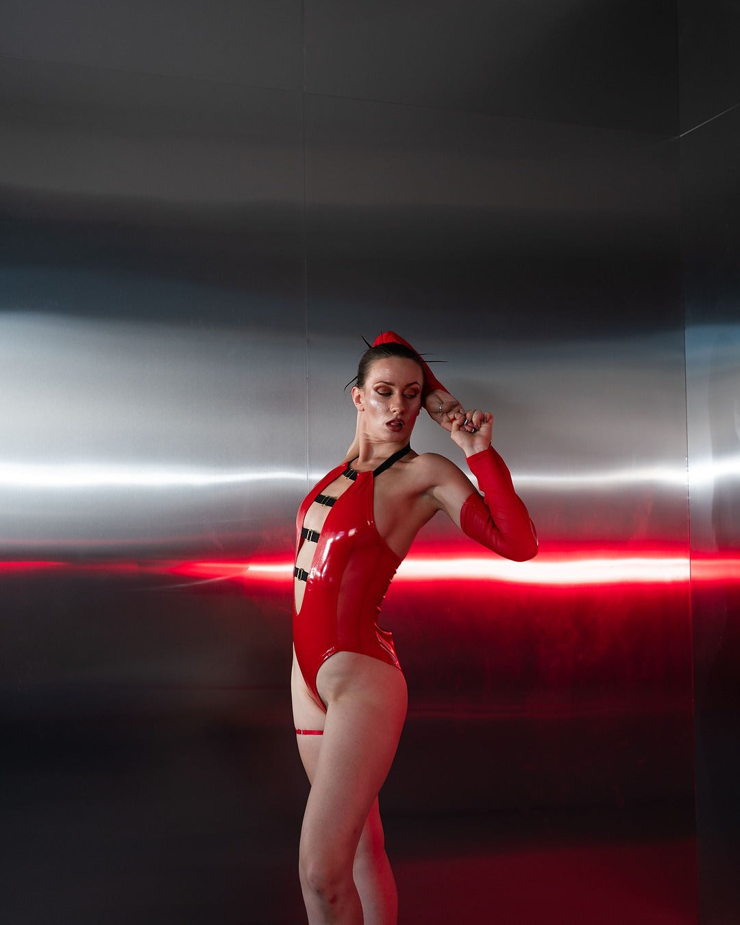 Red Latex Look Cutout Bodysuit