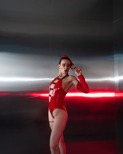Red Latex Look Cutout Bodysuit