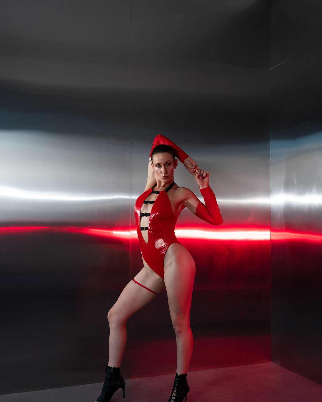 Red Latex Look Cutout Bodysuit