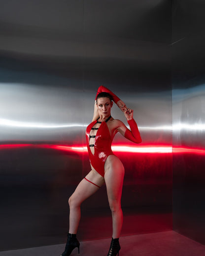 Red Latex Look Cutout Bodysuit