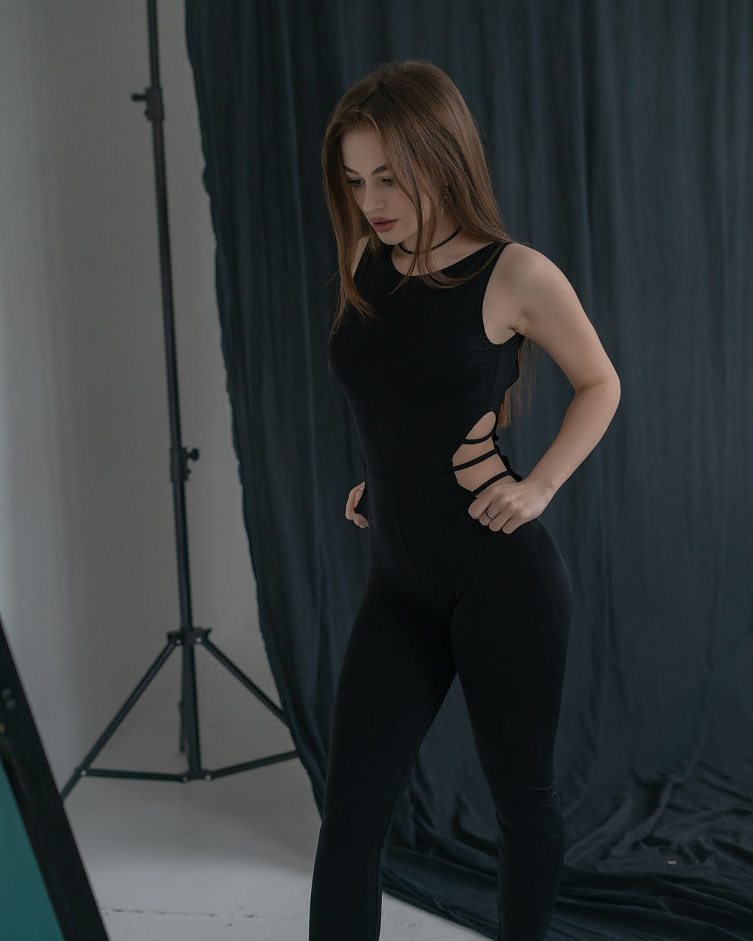 Black Sleeveless Stretch Leggins Backless Catsuit