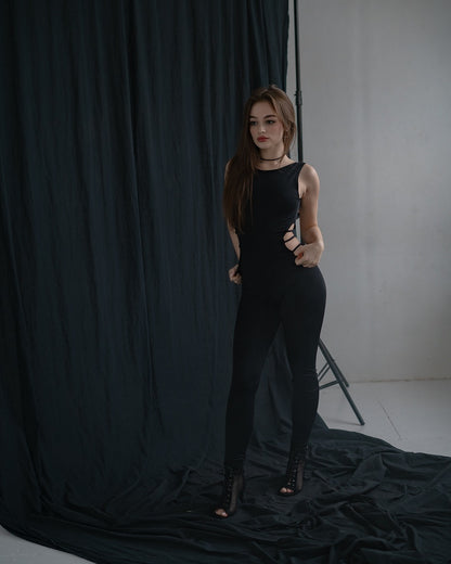 Black Sleeveless Stretch Leggins Backless Catsuit