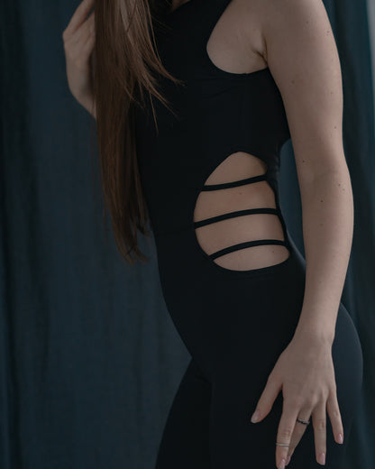 Black Sleeveless Stretch Leggins Backless Catsuit
