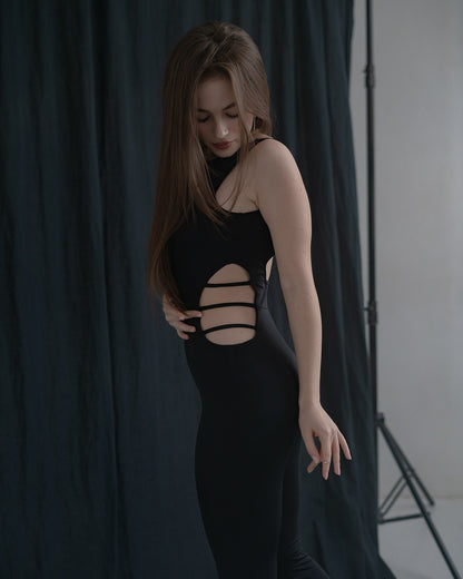 Black Sleeveless Stretch Leggins Backless Catsuit