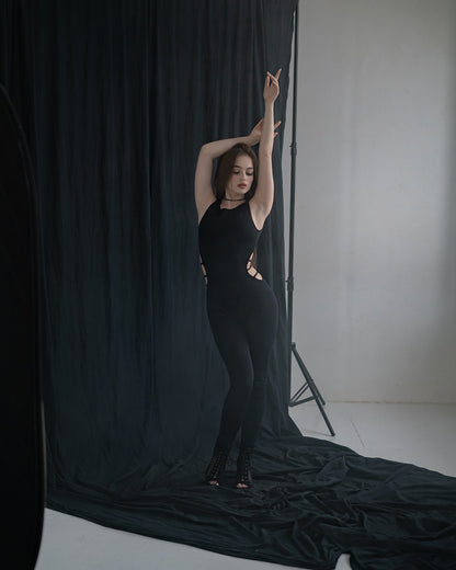 Black Sleeveless Stretch Leggins Backless Catsuit