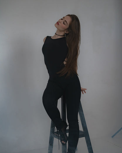 Black Sleeveless Stretch Leggins Backless Catsuit