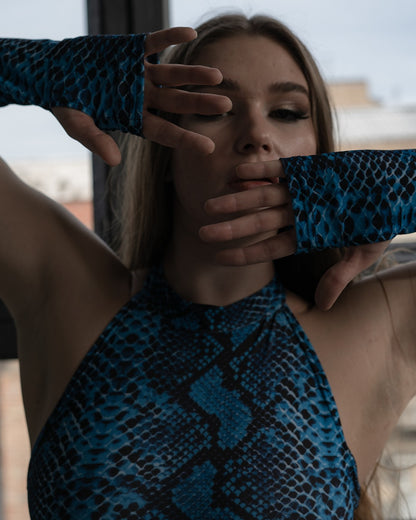 Blue Snake Print Fingerless Sleeves