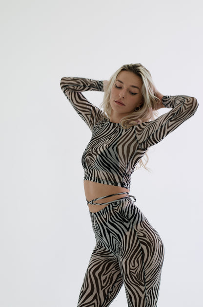 Zebra Mesh Long Sleeve Crop Top