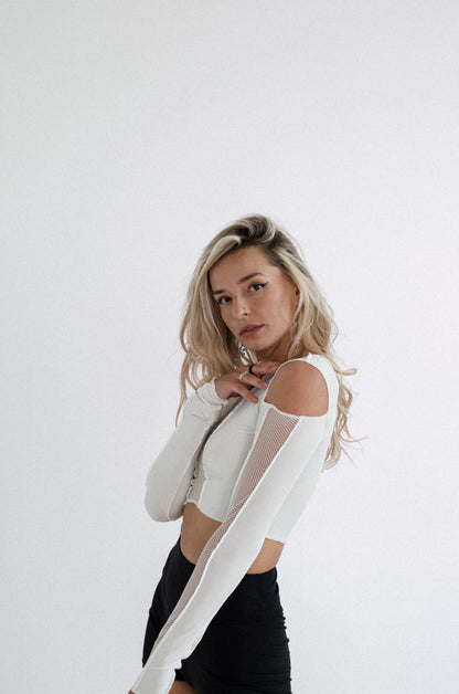 White Knit Crop Top with Mesh Inserts