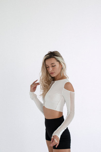 White Knit Crop Top with Mesh Inserts