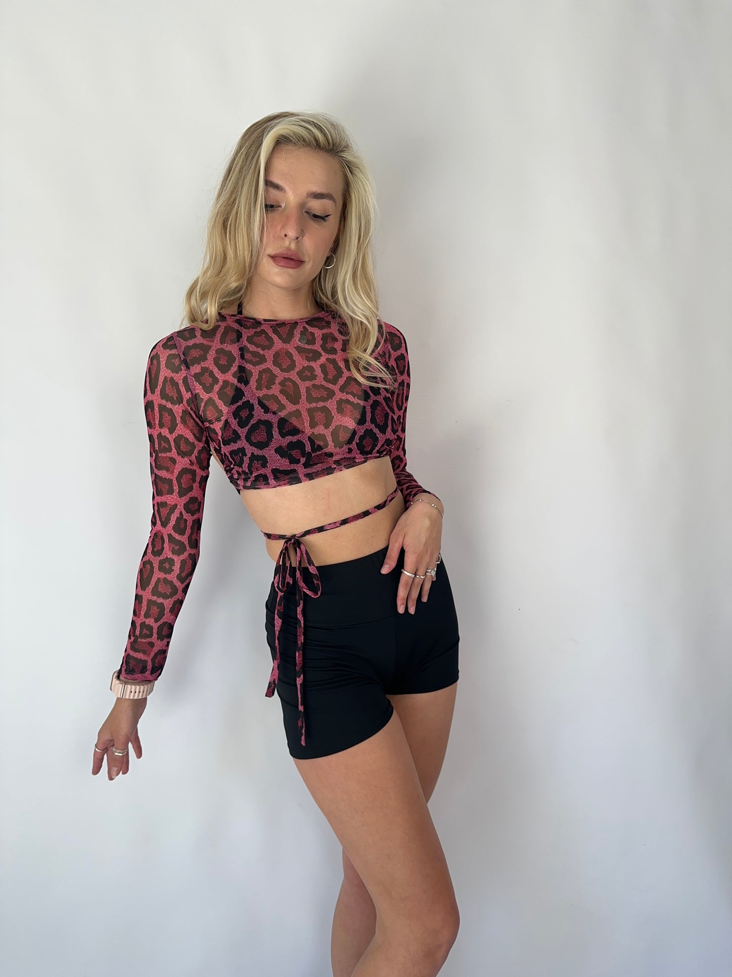 Pink Leopard Mesh Open Back Crop Top