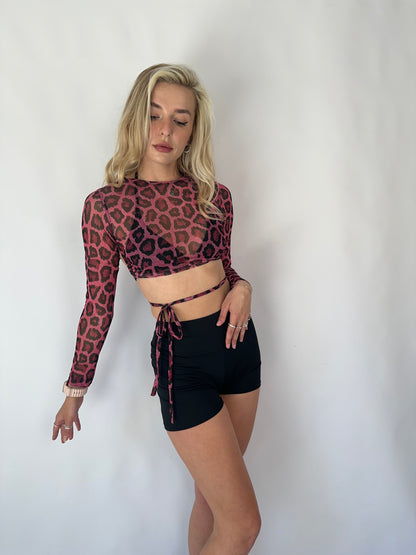 Pink Leopard Mesh Open Back Crop Top
