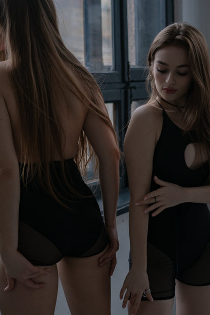 Black Mesh Pole Dance Backless Romper