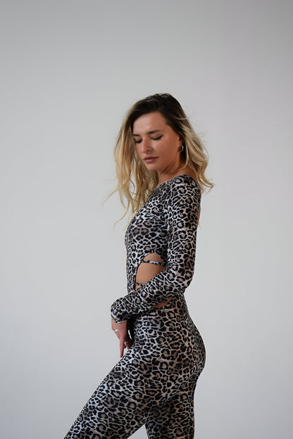 Leopard Print Backless Long Sleeve Jumpsuit