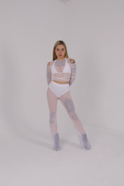 White Mesh Flared Pants