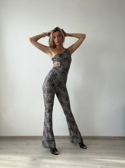 Leopard One Shoulder Backless Jumpsuit