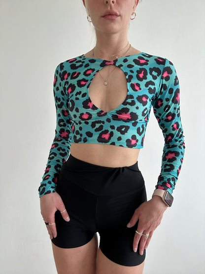 Blue Leopard Print Cut Out Crop Top