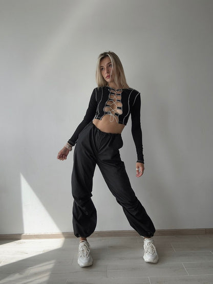 Black Ribbed Lace Up Dance Top